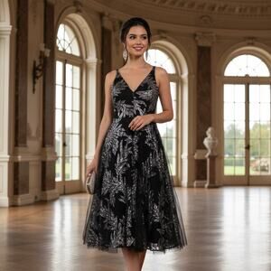 Dress the Population Black Silver Glitter Fit‑and‑Flare Dress – Small – NWT